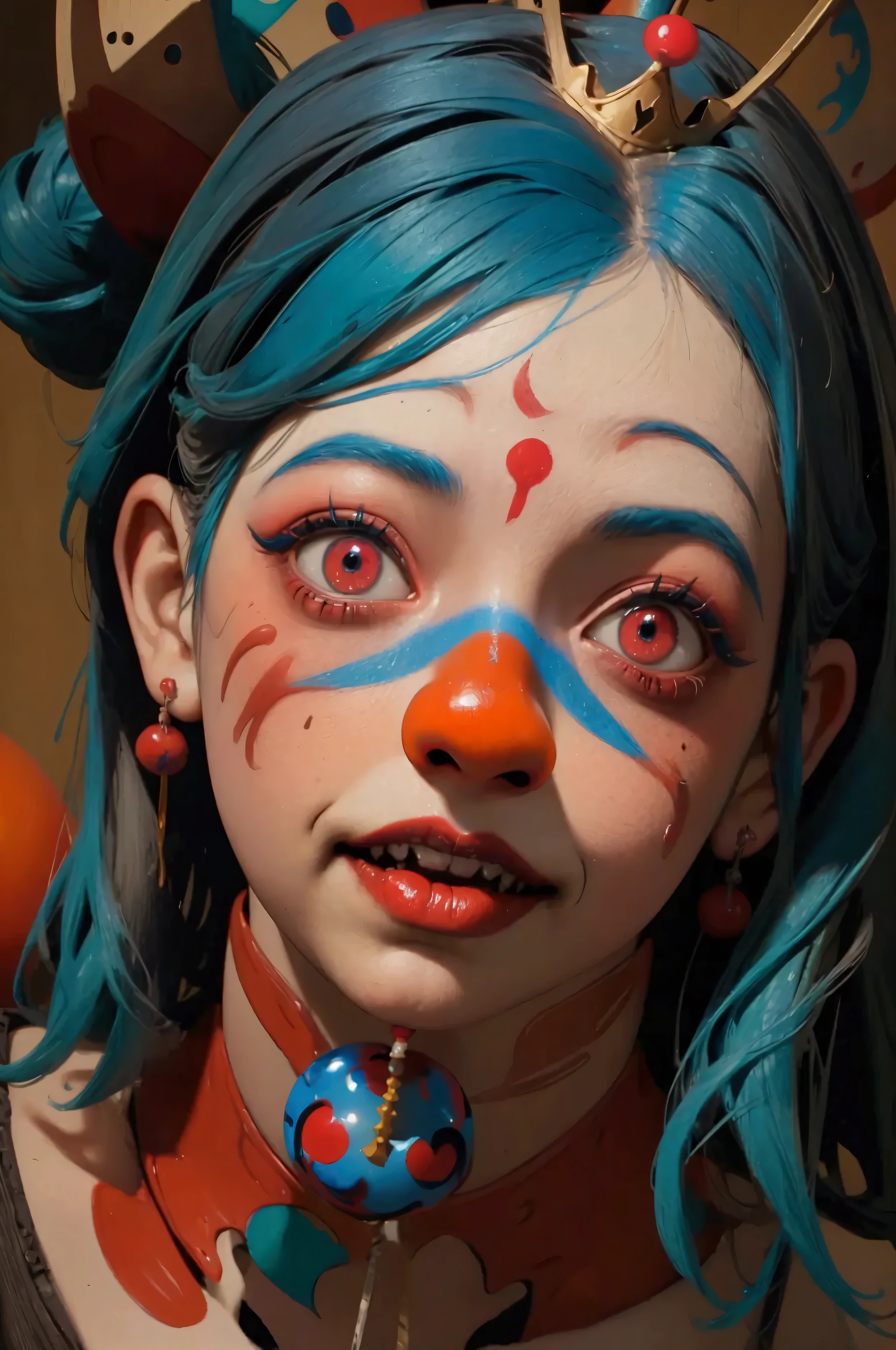  Clown with blue hair and red clown makeup、  surrounded by red balloons  ,  cute core crown core  , Creepy Clown Girl, Scary clown, Clown Girl, Detailed painting 4k, portrait desk crown  ,   Artstation contest winner   , Goth Clown Girl, deviantart artstation cgscosiety ,  CG Society Contest Winners  !!,  CG Society Contest Winners  !!!, y 2 k  cute core crown core  , whole body
