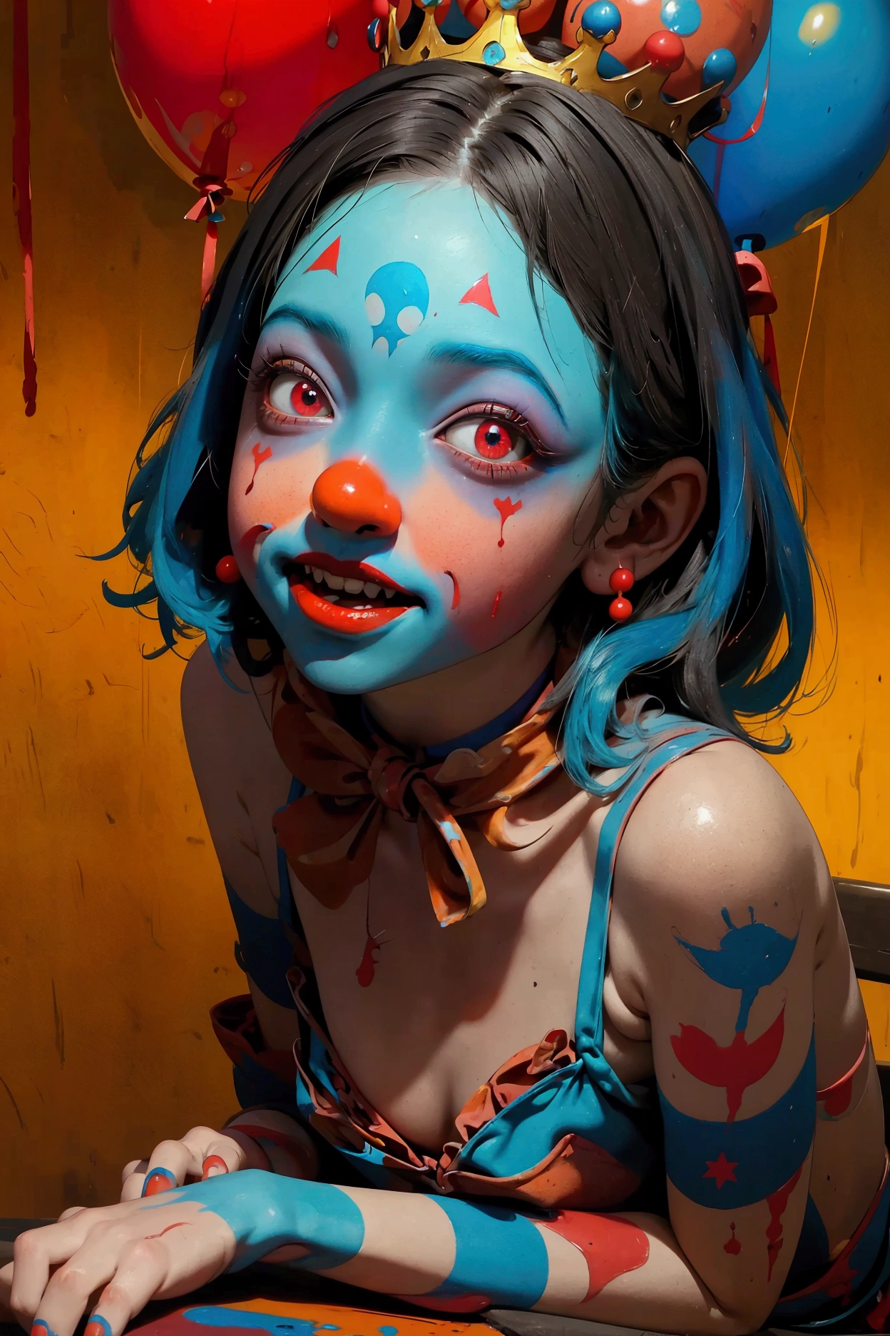  Clown with blue hair and red clown makeup、  surrounded by red balloons  ,  cute core crown core  , Creepy Clown Girl, Scary clown, Clown Girl, Detailed painting 4k, portrait desk crown  ,   Artstation contest winner   , Goth Clown Girl, deviantart artstation cgscosiety ,  CG Society Contest Winners  !!,  CG Society Contest Winners  !!!, y 2 k  cute core crown core  , whole body
