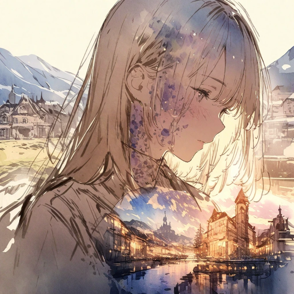 ((sketch:1.5)), ((watercolor:1)), Double Exposure of a Beautiful and Delicate Woman (The face is clear and perfect)image，Background、 perfect super detailed Victorian landscape ,  beautiful,  beautiful笑顔, complicated illustration,  artwork concept artwork, break,(人として中身が充実していれば、 Dignity that naturally oozes out is born when the content as a person is fulfilled ),