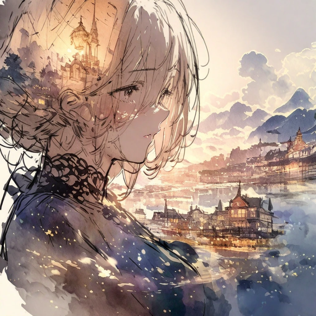 ((sketch:1.5)), ((watercolor:1)), Double Exposure of a Beautiful and Delicate Woman (The face is clear and perfect)image，Background、 perfect super detailed Victorian landscape ,  beautiful,  beautiful笑顔, complicated illustration,  artwork concept artwork, break,(人として中身が充実していれば、 A dignity that naturally oozes out is born when the content as a person is fulfilled),