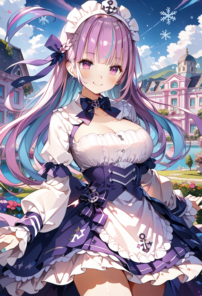  One Beautiful Girl ,,Minato Aqua, Purple and White Dress 、Big Breasts、Thighs、valley、 Lolita style maid , miniskirt, standing with different breasts 、 center from the bangs to the tip of the hair２The purple hair in the book 、 snowflakes dance　,Art Deco,chromatic painting ,Rococo, chiaroscuro,Sexy images,  knight ,Dark fantasy,happy smile,masterpiece, top quality , super detailed , 8K Portrait , unity 8K wallpaper ,great detail、score_9, score_8_up, score_7_up,source_anime,anatomically correct,