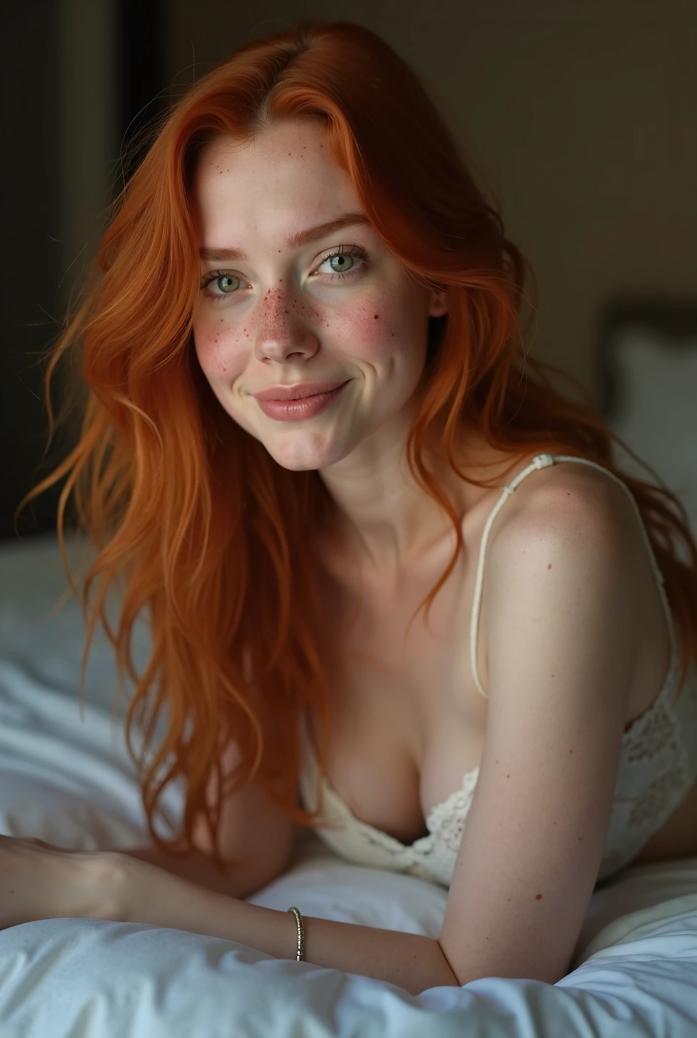 a beautiful detailed woman with vivid red hair, pale white skin, and a curvaceous figure wearing a black lace bra, lying on a bed and bathed in warm sunlight, portrayed in a realistic, high-quality analog film photograph with a kodachrome aesthetic, masterfully composed with exquisite detail and a cinematic feel.
