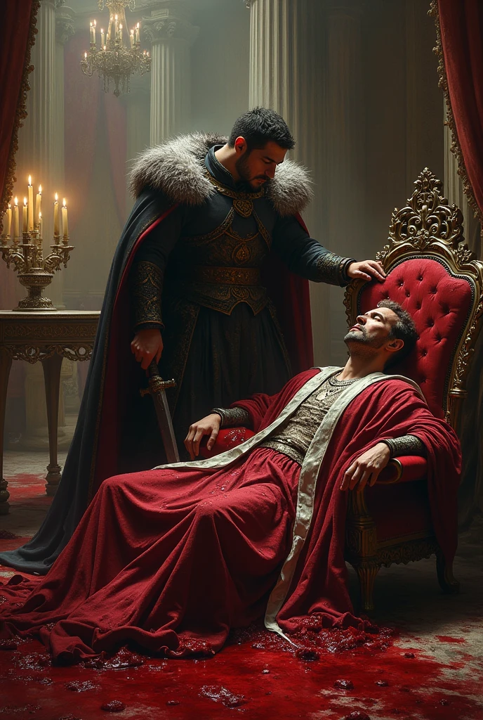 A merciful young king with fair hair grants forgiveness to a former evil sorcerer. The sorcerer is a half-naked young man with long black hair and traces of severe corporal and anal punishment on his back, he is kneeling in deep repentance and gratitude.