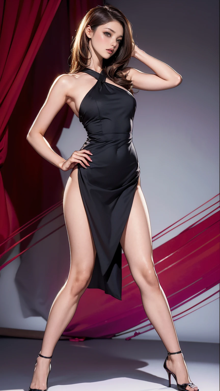 ((masterpiece)),(((Highest quality))),((Character design sheet)),Thin thighs,Long legs,Highest quality,masterpiece,Ultra-high resolution,(Actual:1.4),Original photo,Ultra-high resolution，8K，There are also women，Fair skin，Big wave diamond purple and cool black collaboration dress:1.5，High heels，Long legs:1.5，Bright and beautiful，high waist，Flashy makeup using red eyeshadow，