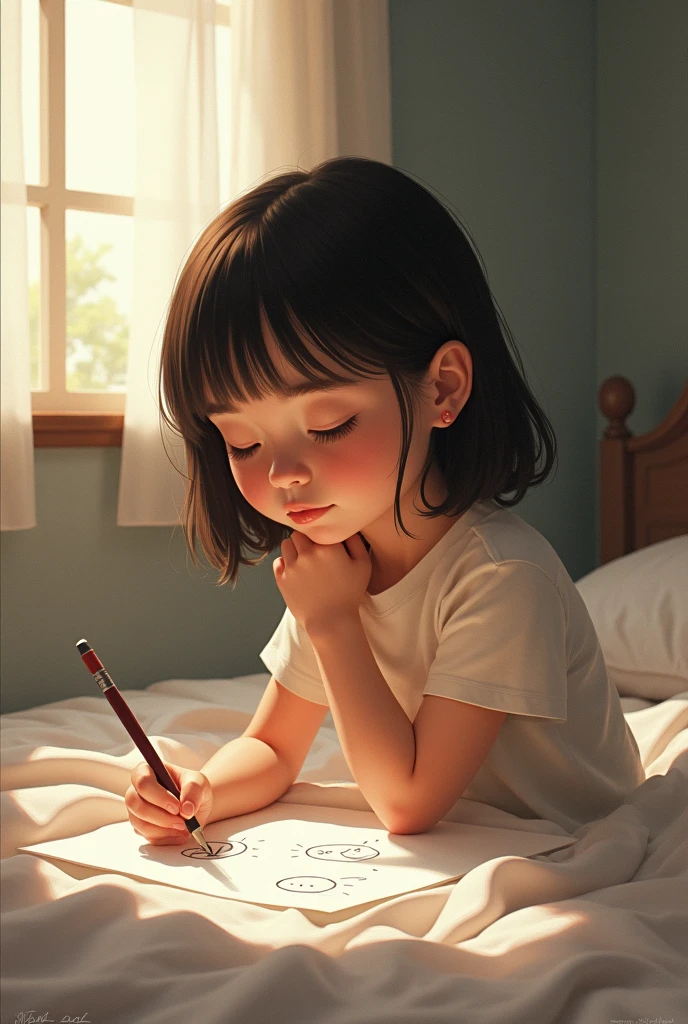 Healing children coloring book illustration watercolor, in pastel shades ,A little girl。Lazy sitting at the dining table。Eyes are confused。。One hand supports his face。Eyes closed slightly。。。hair messy。Wearing a white T-shirt。The lower body is wearing red shorts。