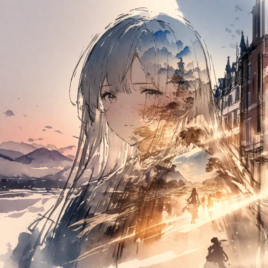 ((sketch:1.5)), ((watercolor:1)), Double Exposure of a Beautiful and Delicate Woman (The face is clear and perfect)image，Background、 perfect super detailed Victorian landscape ,  beautiful,  beautiful笑顔, complicated illustration,  artwork concept artwork, break,(Just trying to remember the name makes a good impression),