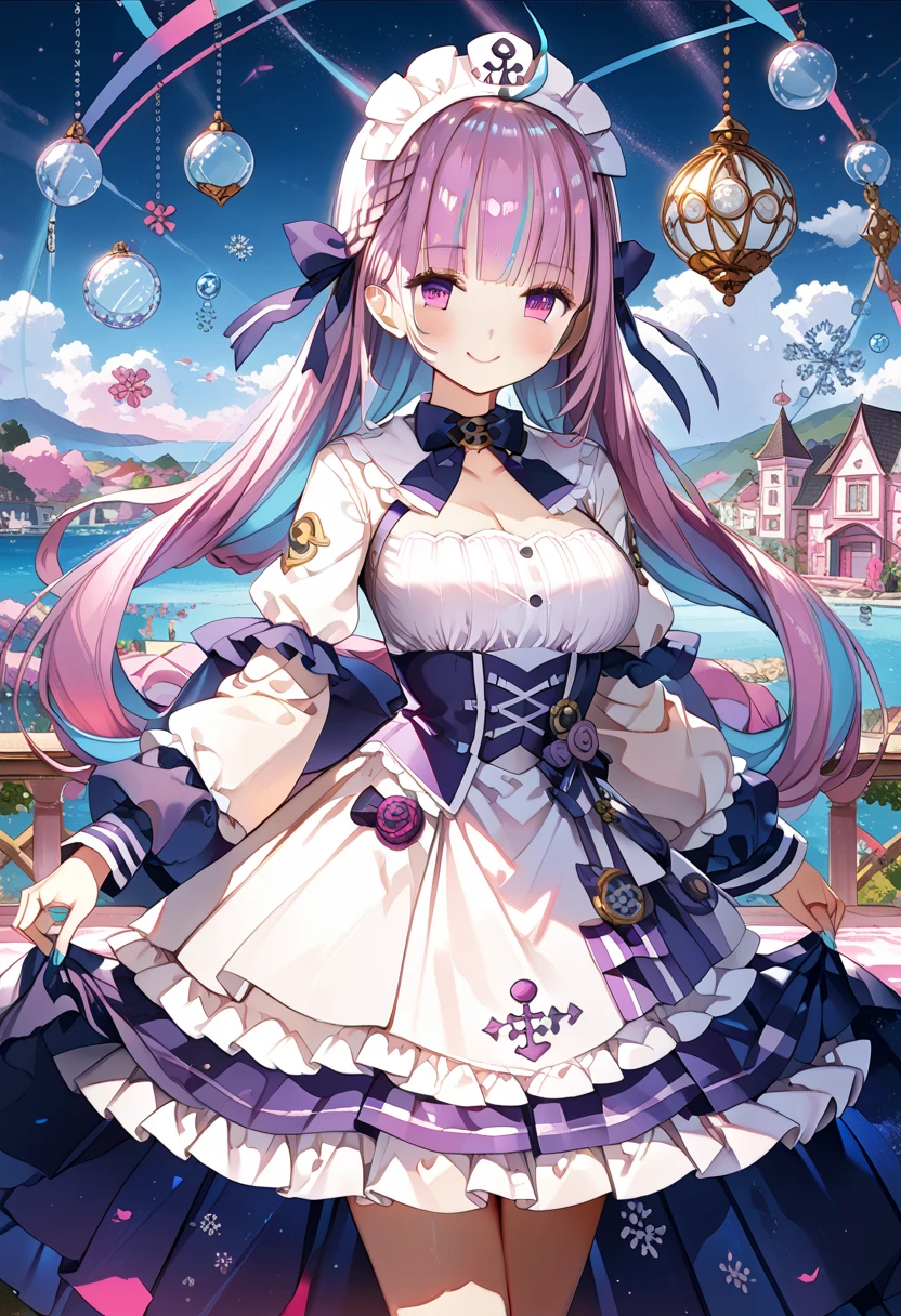  One Beautiful Girl ,,Minato Aqua, Purple and White Dress 、Big Breasts、Thighs、valley、 Lolita style maid , miniskirt, standing with different breasts 、 center from the bangs to the tip of the hair２The purple hair in the book 、 snowflakes dance　,Art Deco,chromatic painting ,Rococo, chiaroscuro,happy smile,masterpiece, top quality , super detailed , 8K Portrait , unity 8K wallpaper ,great detail、score_9, score_8_up, score_7_up,source_anime,anatomically correct,