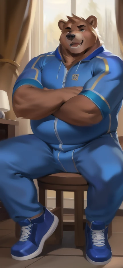 Tiger personification、Bright expression、Muscular、Big body、Thick arms、Thick thighs、whole body、classroom、high school student