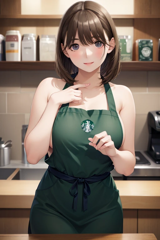  cute 21-year-old Japanese 、((Starbucks green apron、naked、nakedにエプロン)),  waiter、Cafe、 Super Details Face 、 pay attention to details 、 double eyelids in judo uniforms、 beautiful thin noses、 sharp concentration :1.2、 beautiful women:1.4、( light brown hair , short hair、),Pure white skin、 top quality 、masterpiece、 super high resolution 、( Photorealistic:1.4)、 high-definition professional writing、 Let me eat、Beautiful smile、 please show me her whole body、nsfw