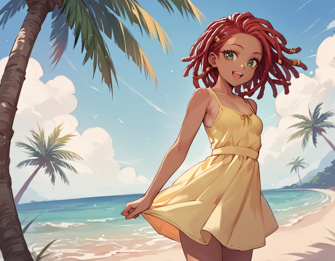 Very large landscape illustration with small character. Menina 9 anos.. personagem para capa de ebook infantil. Curly and red hair up to the shoulder. Bow on pink head. Olhos castanhos e grandes. pele branca. mesmo personagem. usando short azul escuro e blusa amarela. Meia branca e sapato preto. various poses, mesmo personagem, on an island paradise, muitas praias, crystal water, Barcos, , felizes, felizes, de qualidade perfeita, menina de costas, lateralmente, Attracted, lateralmente, lado a lado, fisionomia diferente da face. Foco claro .feliz, feliz, qualidade perfeita, foco claro (mess-house: 0.8), (obra-prima: 1.2) (realista: 1.2) (bokeh) (melhor qualidade) (pele detalhada: 1.3) (detalhes intrincados) (8K) (olhos de detalhe) (foco nítido), (feliz)