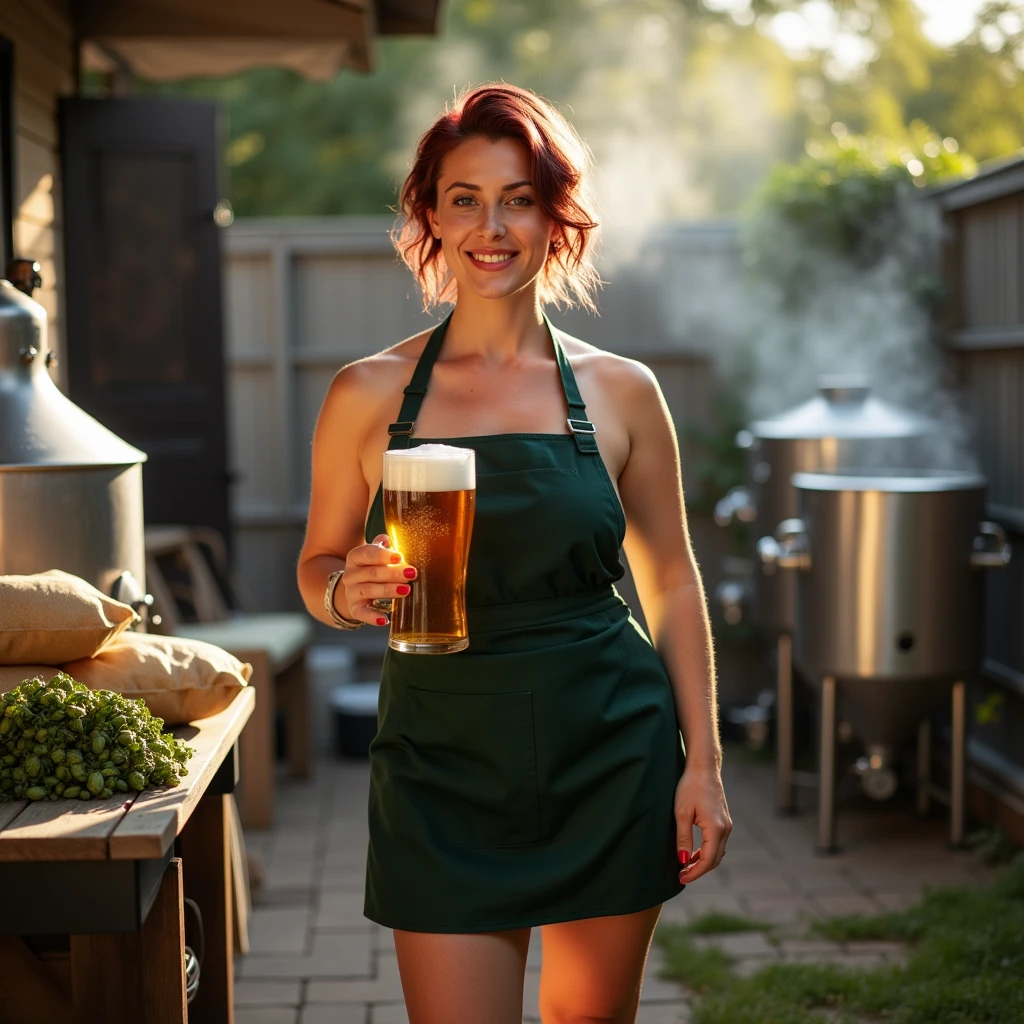 Frontal view. High quality. Full-length photo. Beautiful pleasant woman 30-32 years old, full-breasted, short wavy dark red hair slicked back, in a dark green short kitchen apron on her naked body, brewing homemade beer. Naked gorgeous legs and knees. Divine waist. Beautiful hips. She is gorgeous. Red manicure. She is holding a mug full of fresh beer with a large foamy head in her hand. The home brewery is located outside. In the background is a private house, a modern vat for brewing beer, a stove, bags of grain, spices, hops and a lot of utensils. A little steam is visible. Very light photo. Daylight. Lots of daylight. The face is brightly lit by daylight. The sun is shining on the front of the body. The sun is behind the photographer.
