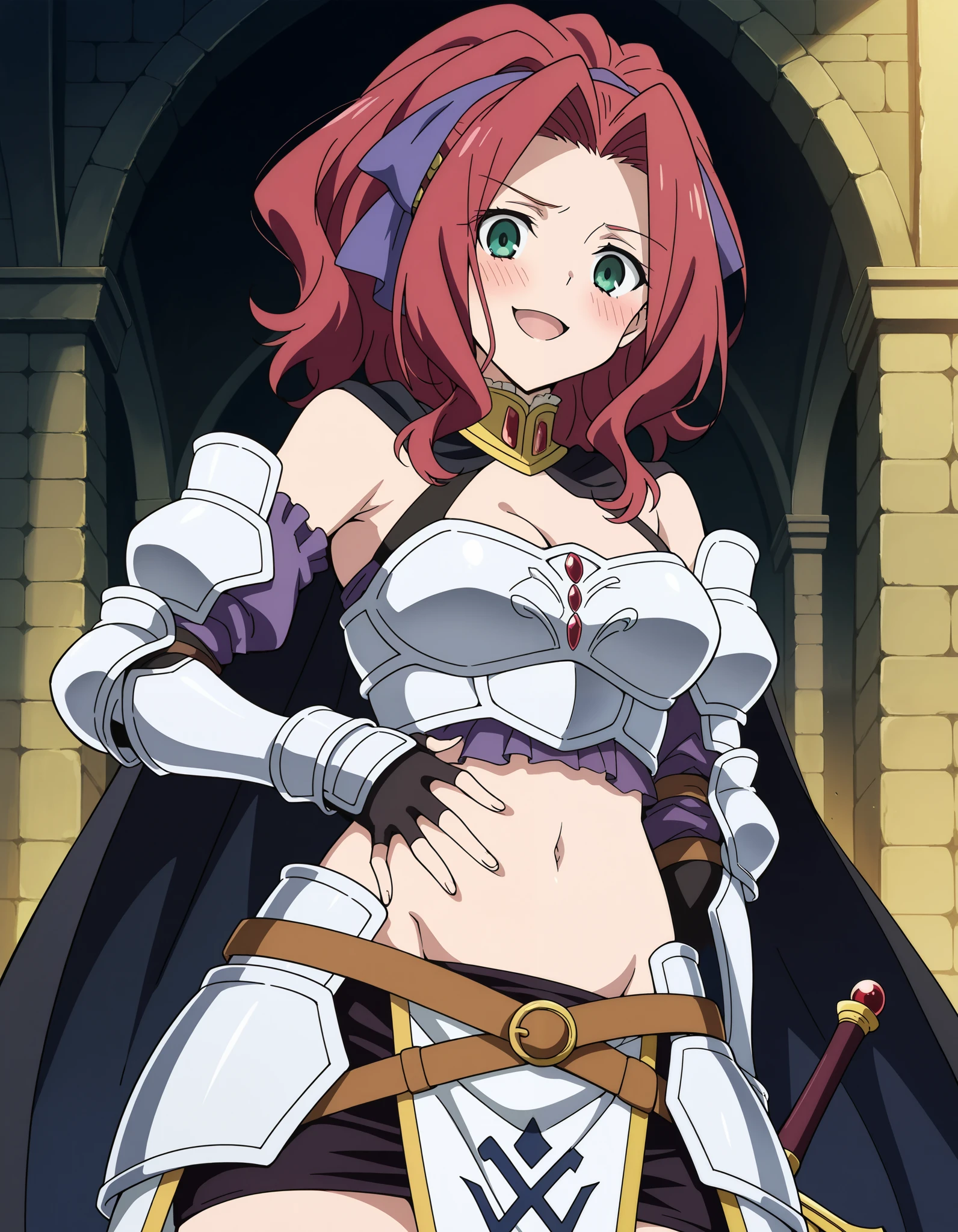 score_9, score_8_up, score_7_up, source_anime, malty melromarc, long hair, green eyes, red hair, parted bangs, ponytail, medium breasts, bare shoulders, belt, cape, armor, breastplate,, , hand on bellybutton, blush,, looking at viewer, solo,, masterpiece, best quality, highly detailed, fantasy , a  girls in armored dress holding a sword
posing for a picture, evil smile, smile, open mouth, breastplate with open cleavage, cleavage, warrior
outfit, ecchi style, (nsfw) not safe for work, ecchi, , official artwork, visual novel cg,  , loincloth, exposed
belly, exposed navel, exposed midriff, exposed lower belly, pencil skirt armored, castle,inside castle,