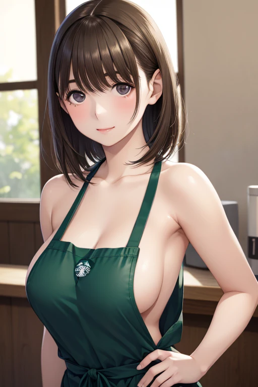  cute 21-year-old Japanese 、((Starbucks green apron、naked、nakedにエプロン、Sideboob)),  waiter、Cafe、 Super Details Face 、 pay attention to details 、 double eyelids in judo uniforms、 beautiful thin noses、 sharp concentration :1.2、 beautiful women:1.4、( light brown hair , short hair、),Pure white skin、 top quality 、masterpiece、 super high resolution 、( Photorealistic:1.4)、 high-definition professional writing、 Let me eat、Beautiful smile、 please show me her whole body、nsfw