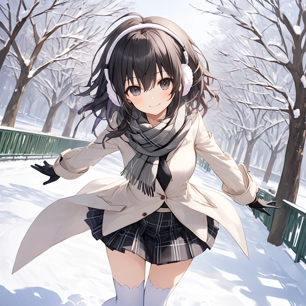 ( 1 girl), Green \(Neptunia )\, black hair, black eyes,(smile:1.5)、blush、(low ponytail:1.5), (long sidelocks:1.5), ,( small tits:1.5),( white overcoat :1.5)、(Button-down shirt:1.5),( black plaid mini skirt:1.5),(white thigh high :1.5),grey plaid scarf、 boots、Earmuffs、gloves、snow,Park Walkway、 dynamic pose、front、 cowboy shot、 dynamic angle 、( perfect anatomy ),( best quality), ( ultra hi-res), (超 high definition ), ( Highly Detailed CG), (32K), (masterpiece)、eyesHD