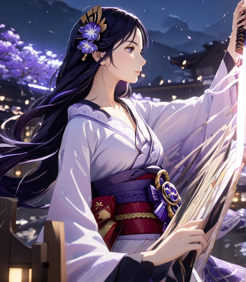 A sexy one& Pretty woman in the Gohei at night,raiden shogun,  purple hair,  long hair,
  huge file size,Art book,  cinematic lighting  ,Japanese_Clothes,kimono_skirt,profile,  medium breasts,, (  Masterpiece,   high resolution ,   better quality:1.4,   awesome, ultra detailed) Raider shugon  