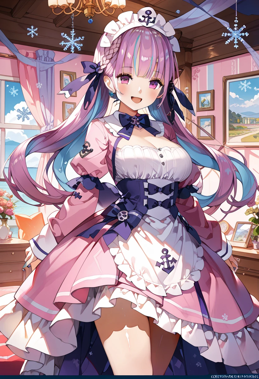  One Beautiful Girl ,,Minato Aqua, Purple and White Dress 、Big Breasts、Thighs、valley、 ta style maid , miniskirt, standing with different breasts 、 center from the bangs to the tip of the hair２The purple hair in the book 、 snowflakes dance　 Sunny,happy smile,masterpiece, top quality , super detailed , 8K Portrait , unity 8K wallpaper ,great detail、score_9, score_8_up, score_7_up,source_anime,anatomically correct,