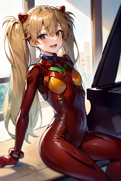 (( top quality )), ((masterpiece)), (be familiar with),  perfect face, indoor, bedroom,  is watching viewers,
One woman,  Soryu Asuka Langley,
 open mouth,  ecstatic expression beside the piano, blush, smile,
 small tits,  flat chested, Young girl, Lori,  s,  girl,
 long hair,  Twin Tails ,
Leg spread,