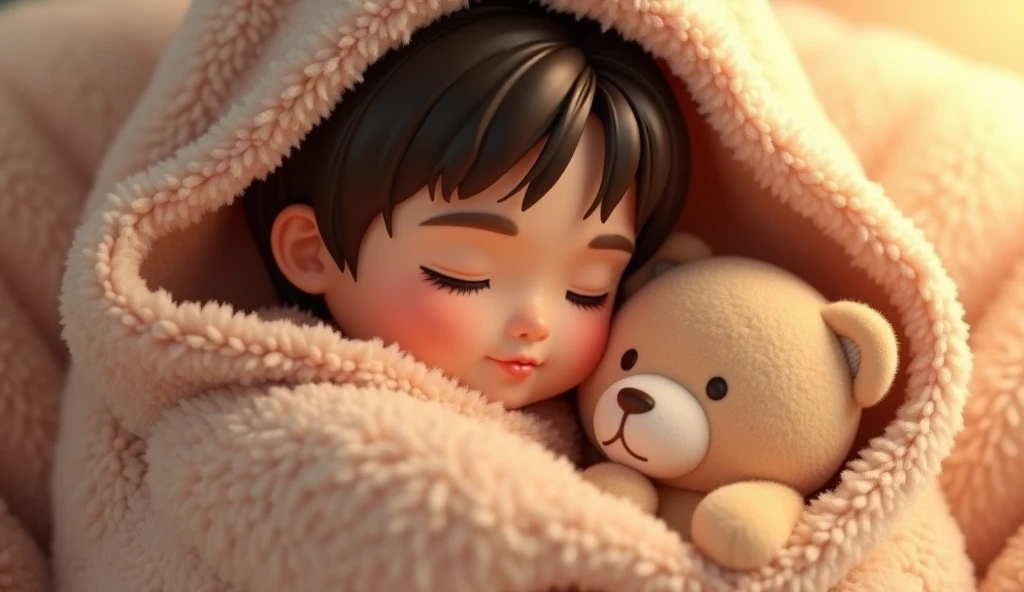 (Pixar 1.25 style) Portrait of a little girl asleep, with the blanket and a teddy bear on the side