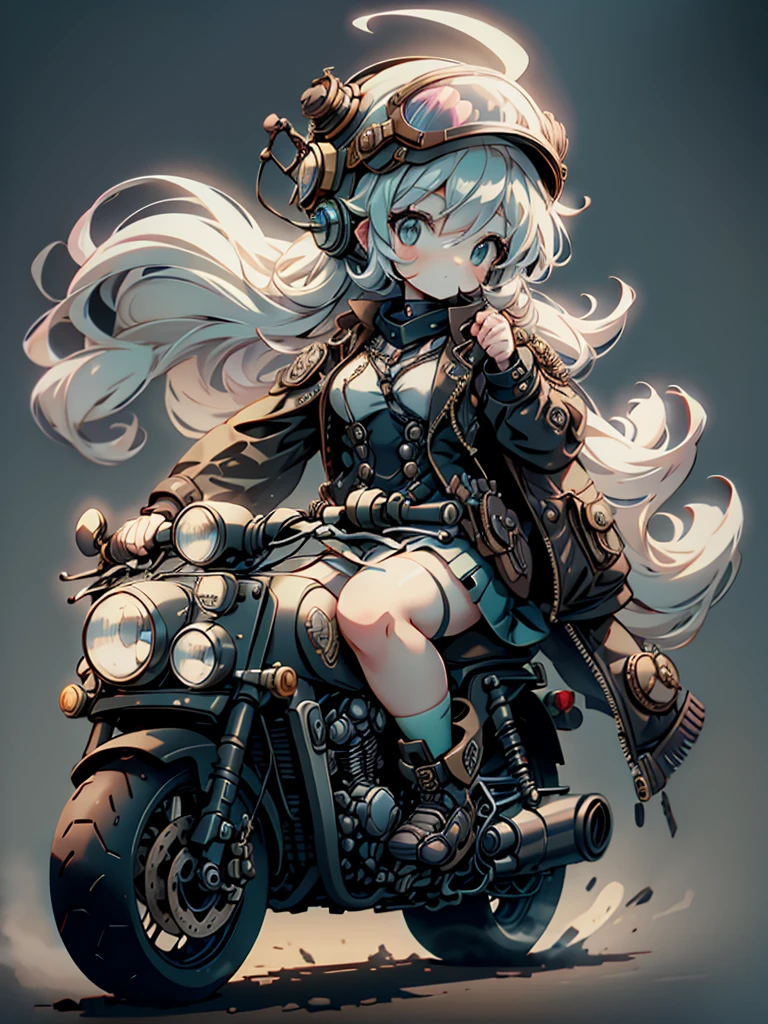  steampunk from the side、Dark pastel 、 pretty girl warrior riding a motorcycle wearing a half-cap helmet with goggles、The background is a white and light gray cityscape