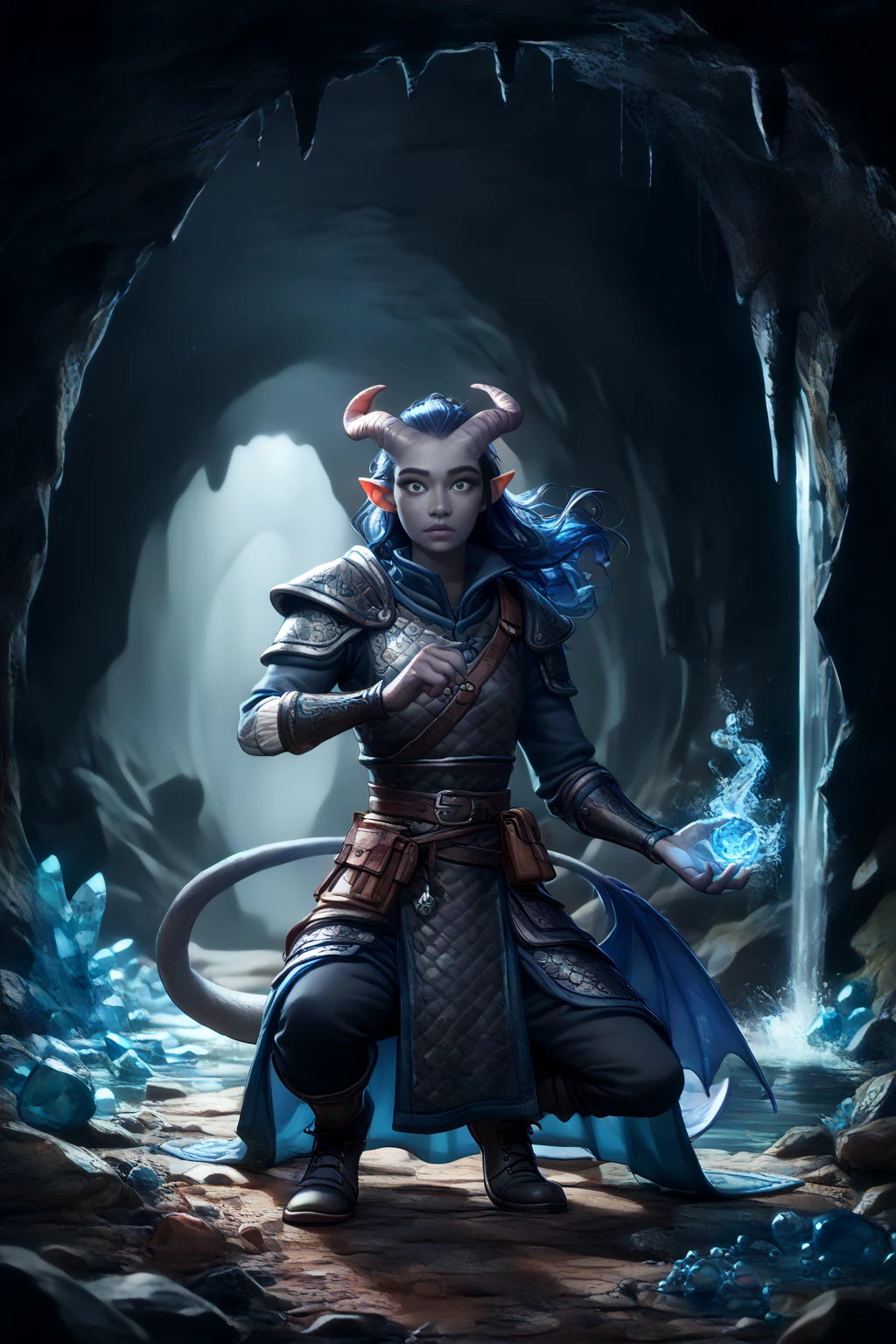 ( Cedar grows in the cave ), ((cave vaults )), dynamics, ( with his back to the viewer ), (kind face, visible in profile), (( sneaks by crouching in a cave)) (1Тiefling ,  dark blue-gray skin :1.7), (very thick long tiefling dragon tail:1.5), (((long dark blue flowing hair))) ,  ((( bright pigmentation on the face))), (((blue-black freckles ))) , ((2 fins on the head)), ((bright blue-grey pupils, very black eyes)), ((skin pigmentation,)),  girl  , (kind face), (curiosity ), ( openness in view ), (small lips), ( curious eyes ), ((30 years old)), ((((chainmail)))), ((gray-black armor )),  (( Protection on a thick long dragon blue tail)), [medieval pants], (short little raincoat), (1 magic book in hand,  into another twisted magic wand with a blue crystal) (( dynamic pose  , view from behind )) , ( dark grey straight short horns), (highest quality,  masterpiece fails,   highest detail ) ,  fantasy background. blue tones, Dark tones.  Clear water at the bottom of the cave, stream , scale,  Dark colors , stalagmites ,  stalactites , dark shades,  muted colors. ((Bottom view from afar Dutch corner,  full length)).