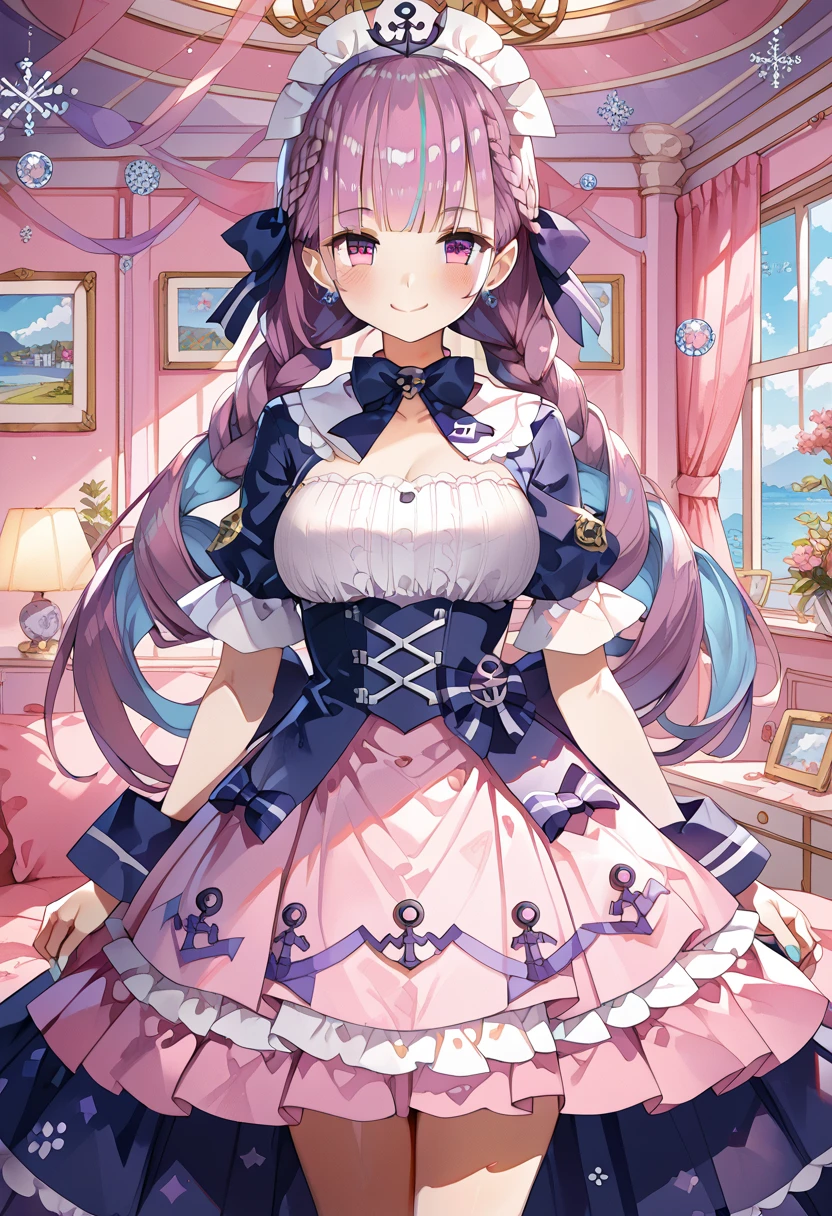  One Beautiful Girl ,,Minato Aqua, Purple and White Dress 、Big Breasts、Thighs、valley、 Lolita style maid , miniskirt, standing with different breasts 、 center from the bangs to the tip of the hair２The purple hair in the book 、 snowflakes dance　 Sunny,happy smile,masterpiece, top quality , super detailed , 8K Portrait , unity 8K wallpaper ,great detail、score_9, score_8_up, score_7_up,source_anime,anatomically correct,Beautiful eyes