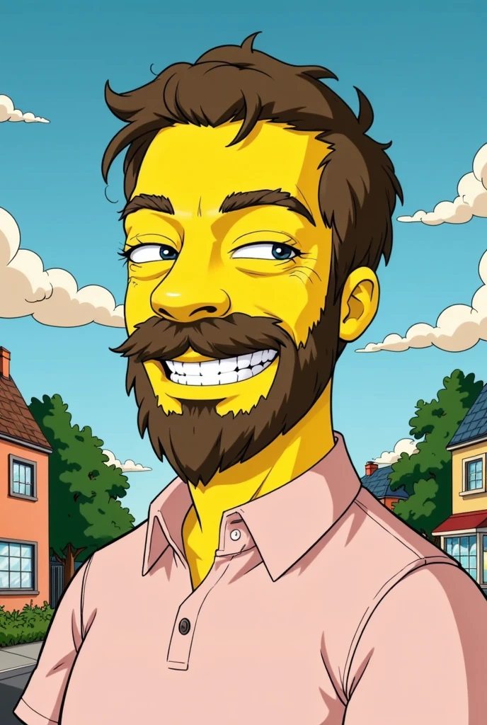 A portrait of Pivalora1, designed in the iconic Simpsons universe style

| Simpsons-style | portrait | yellow skin | bold outlines | exaggerated features | Springfield neighborhood | humorous expression | well-groomed beard | casual shirt | sunny background | flat shading | Matt Groening faithful design.