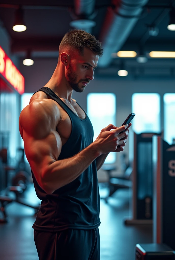 A very muscular gym worker man sitting on a floor and using phone