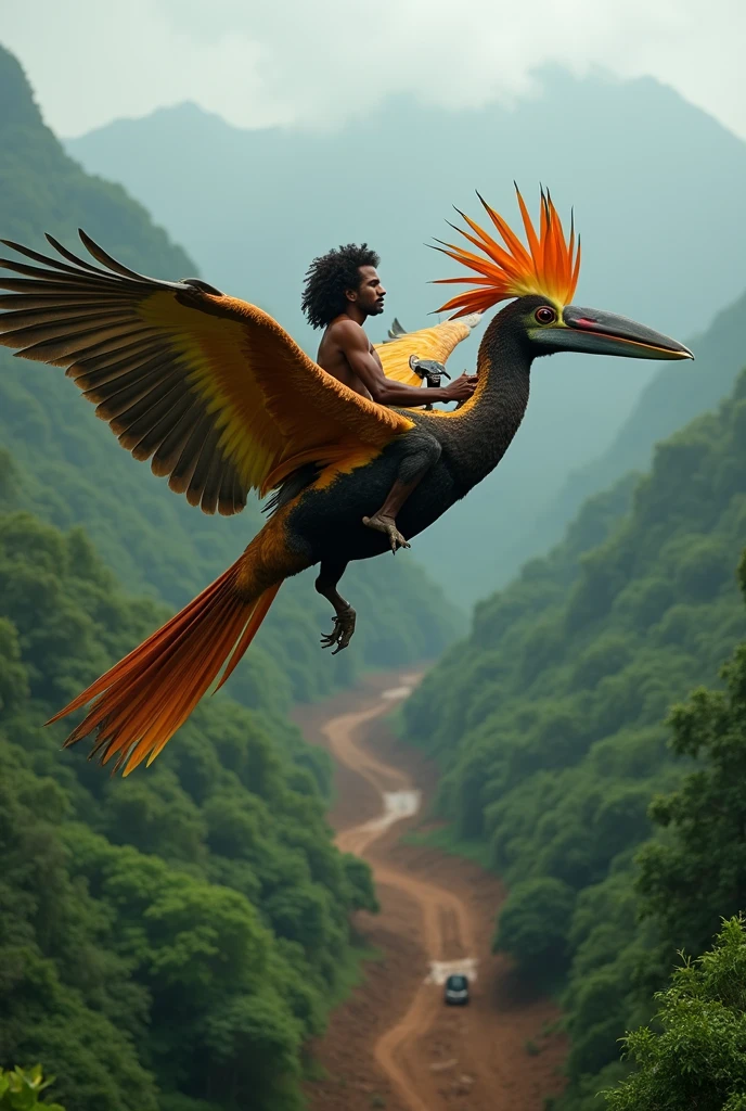 An indigenous man riding a giant parrot-headed pterosaur