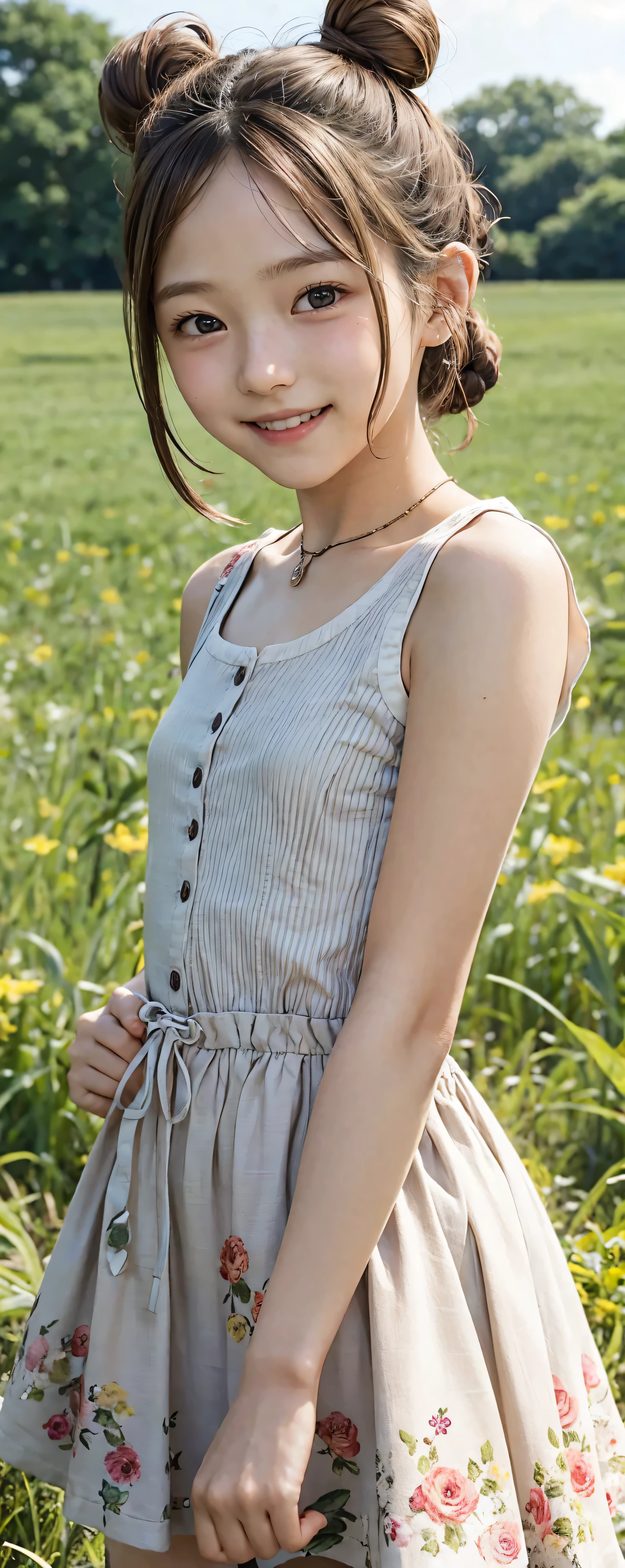  cute girl, bun hair , brown hair ,delicate,smile,masterpiece,field,underarm