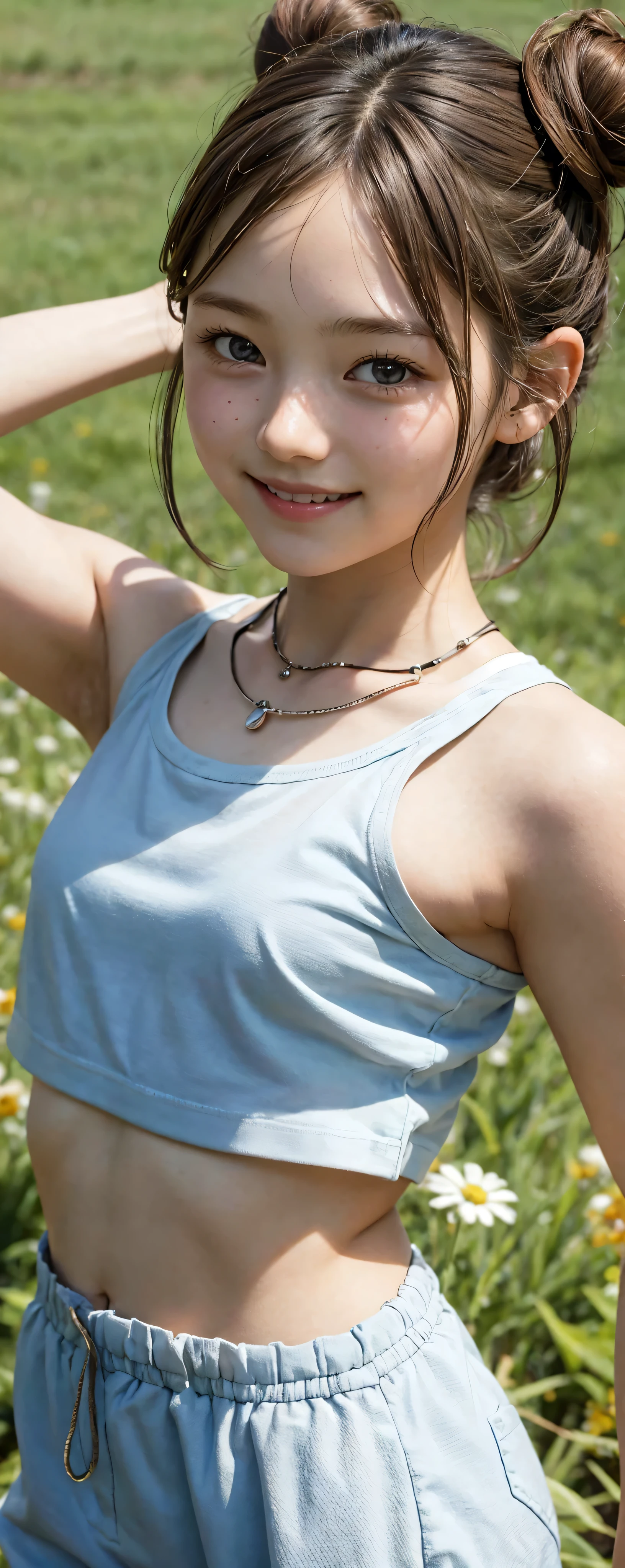  cute girl, bun hair , brown hair ,delicate,smile,masterpiece,field,underarm