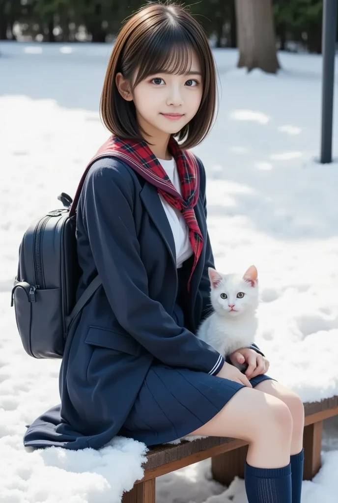  super real ,  photorealistic,  she looks so happy , shadow, Global Illumination, Alone, ( 18 Year Old Japanese Girl :1.5), So beautiful、 very cute idol-like face ,  surimi waist , ( sailor school uniform:1.2), Navy blue socks and loafers ,  than the girl on the right , A female student wearing a navy blue pleated skirt and navy blue long wool coat with a red plaid scarf wrapped around her hair ,  she is carrying a navy blue school backpack on her shoulder , ( Beautiful breasts),  Snow Night in the Park ,   The snow is falling steadily  , She is sitting,  holding a white kitten on the side of the bench ,  The kitten is lightly covered with snow , The kitten is watching her , ( showing a kind smile ),  Professional Light