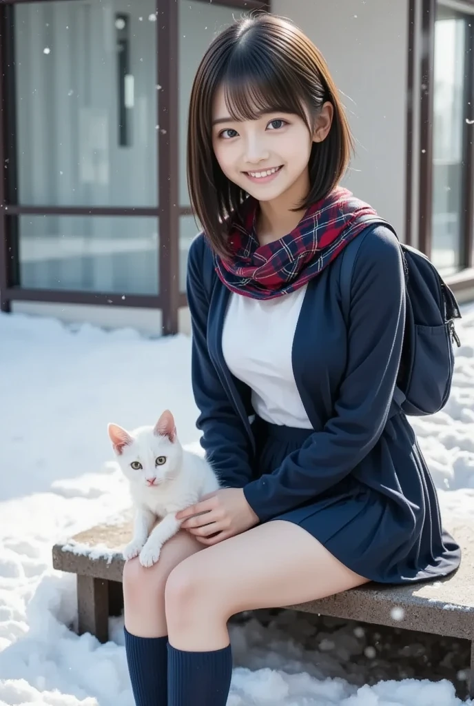  super real ,  photorealistic,  she looks so happy , shadow, Global Illumination, Alone, ( 18 Year Old Japanese Girl :1.5), So beautiful、 very cute idol-like face ,  surimi waist , ( sailor school uniform:1.2), Navy blue socks and loafers ,  than the girl on the right , A female student wearing a navy blue pleated skirt and navy blue long wool coat with a red plaid scarf wrapped around her hair ,  she is carrying a navy blue school backpack on her shoulder , ( Beautiful breasts),  Snow Night in the Park ,   The snow is falling steadily  , She is sitting,  holding a white kitten on the side of the bench ,  The kitten is lightly covered with snow , The kitten is watching her , ( showing a kind smile ),  Professional Light