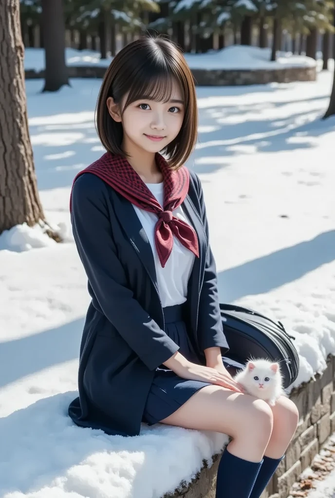  super real ,  photorealistic,  she looks so happy , shadow, Global Illumination, Alone, ( 18 Year Old Japanese Girl :1.5), So beautiful、 very cute idol-like face ,  surimi waist , ( sailor school uniform:1.2), Navy blue socks and loafers ,  than the girl on the right , A female student wearing a navy blue pleated skirt and navy blue long wool coat with a red plaid scarf wrapped around her hair ,  she is carrying a navy blue school backpack on her shoulder , ( Beautiful breasts),  Snow Night in the Park ,   The snow is falling steadily  , She is sitting,  holding a white kitten on the side of the bench ,  The kitten is lightly covered with snow , The kitten is watching her , ( showing a kind smile ),  Professional Light