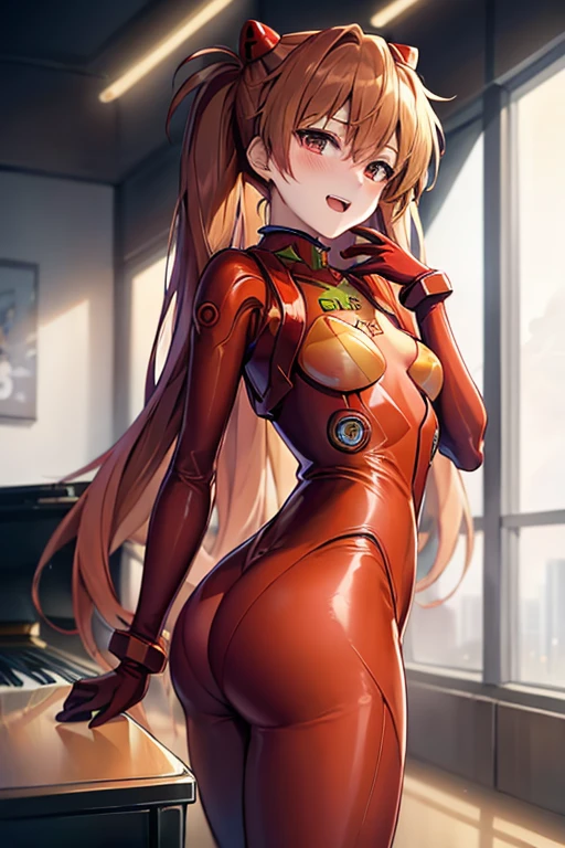 (( top quality )), ((masterpiece)), (be familiar with),  perfect face, indoor, bedroom,  is watching viewers,
One woman,  Soryu Asuka Langley,
 open mouth,  ecstatic expression beside the piano, blush, smile,
 small tits,  flat chested, Young girl, Lori,  s,  girl,
 long hair,  Twin Tails ,
Leg spread,