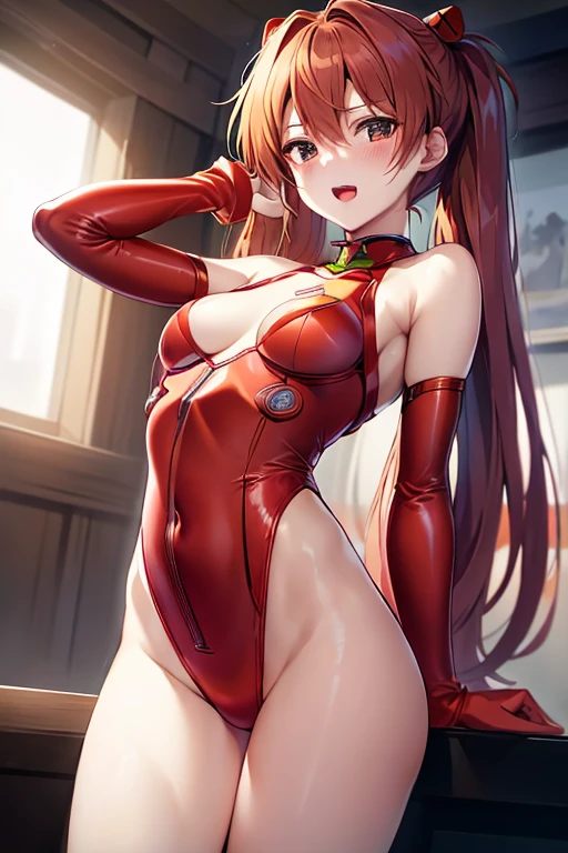 (( top quality)), ((masterpiece)), (be familiar with),  perfect face, indoor, bedroom,  watching viewers ,
One woman,  Soryu Asuka Langley,
 open mouth,  with an ecstatic expression , blush, smile,
 small tits,  flat chested, Young girl, Lori,  s,  girl,
 long hair,  twin tails,
Leg spread,