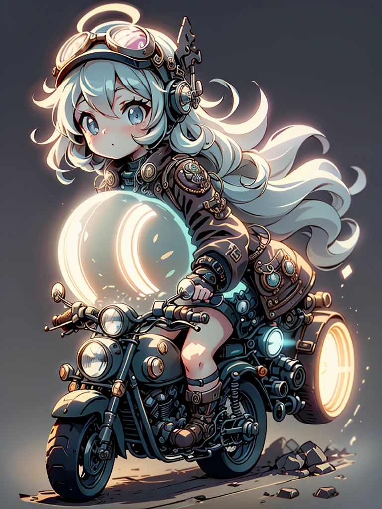  steampunk from the side、Dark pastel 、 pretty girl warrior riding a motorcycle wearing a half-cap helmet with goggles、The background is a white and light gray cityscape