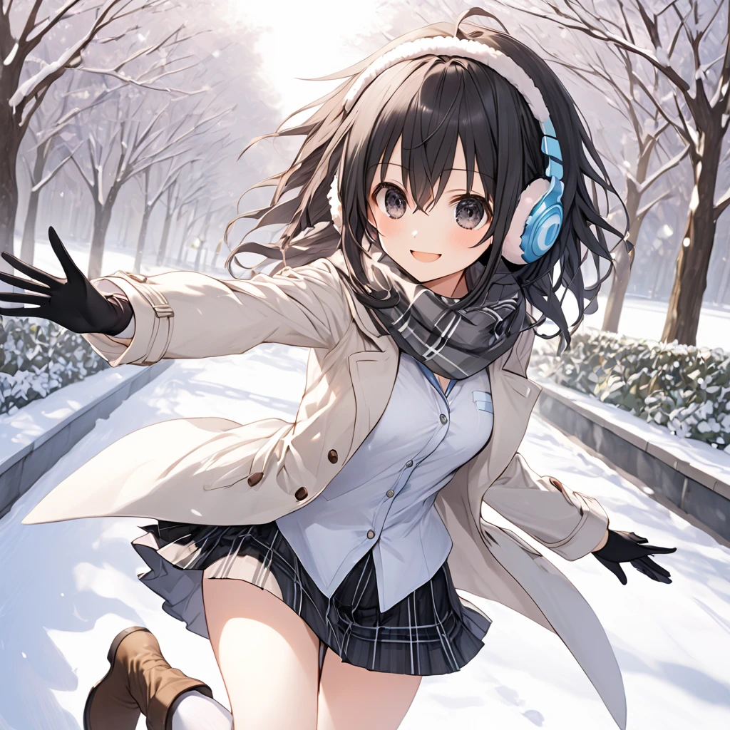 ( 1 girl), Green \(Neptunia )\, black hair, black eyes,(smile:1.5)、blush、(low ponytail:1.5), (long sidelocks:1.5), ,( small tits:1.5),( white overcoat :1.5)、(Button-down shirt:1.5),( black plaid mini skirt:1.5),(white thigh high :1.5),grey plaid scarf、 boots、Earmuffs、gloves、( white plaid panties :1.5),snow,Park Walkway、 dynamic pose、 dynamic angle 、( perfect anatomy ),( best quality), ( ultra hi-res), (超 high definition ), ( Highly Detailed CG), (32K), (masterpiece)、eyesHD