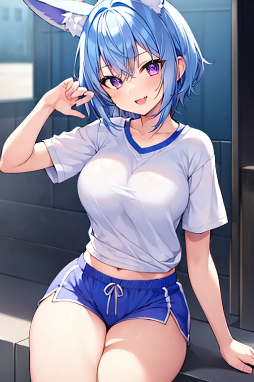 ((masterpiece)), ((highest quality)), (super detailed), ((cute)), cute, (Lovely), ((sexy)), (device), ((very detailed)), 4k, (8k), highest quality, (beautiful), genuineistic, genuine, anime illustration, anime style, painting, whole body, Has a certain S vibe, dynamic angle, cowboy shot, A warehouse in a gymnasium that looks like a drama, sit on, (spread your legs), Gradation, whole body focus, cute女の子, girl, 1 girl, (alone), (Gym suit:1.2), (See-through), beautifulアニメの顔, (beautifulライトパープルの髪の色), (random colored eyes), ((beautiful eyes)), random hairstyles, (white skin:1.3), (huge breasts:1.3), erect nipples, (Sweat), (grin), grin and laugh, (blush:1.5), opening, glitter effect, Lens flare, shiny, shine
