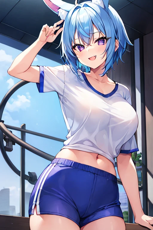 masterpiece, best quality, highres, Yukino, silver hair, blue eyes, short hair, symbol-shaped pupils, +_+, large breasts, gym uniform, white shirt, sleeveless, white gloves, elbow gloves, white shorts, gym shorts, short shorts, white thighhighs, outdoor, playground, grass, cowboy shot, standing, leaning forward,
