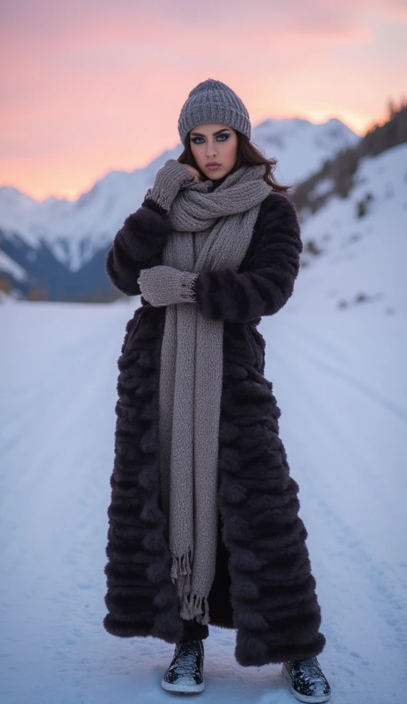 woman, heavy makeup, direct eye contact,  standing on a snowy mountain path, the sky painted with soft pink and orange hues. She is wrapped in a long, fur-lined coat, with a knitted scarf and gloves, wearing a woolen hat over her neatly tucked hair, m4d1s0n