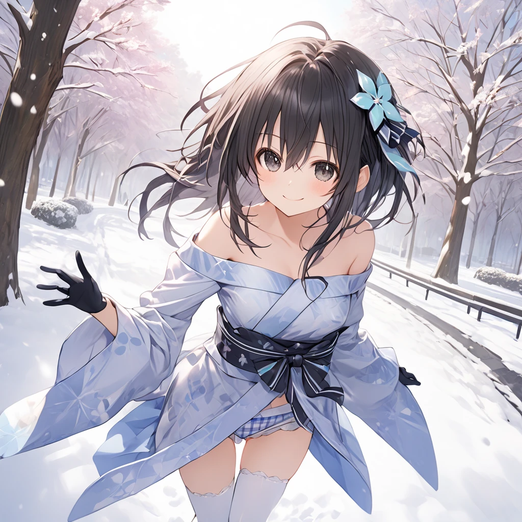 ( 1 girl), Green \(Neptunia )\, black hair, black eyes,(smile:1.5)、blush、(low ponytail:1.5), (long sidelocks:1.5), ,( small tits:1.5),(white off-shoulder mini yukata:1.5),(white thigh high :1.5),gloves、( white plaid panties :1.5),snow,Park Walkway、 dynamic pose、 dynamic angle 、( perfect anatomy ),( best quality), ( ultra hi-res), (超 high definition ), ( Highly Detailed CG), (32K), (masterpiece)、eyesHD