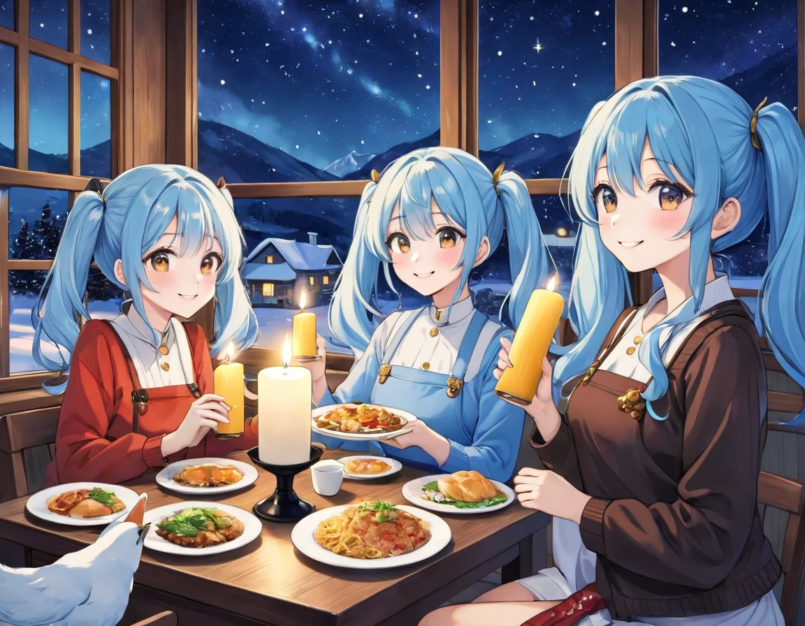    chasing long light blue hair  、   Beautiful Girl with Twin Tails  、  bright room  、Outside the window is a starry sky and a snowy landscape 、 smiling and drinking candles with 3 friends、 Delicious Meals  、