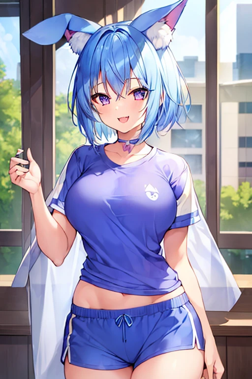 1girl, bunny ears, rabbit ears, very short hair, pixie cut, blue hair, purple eyes, light smile, fang, ((fang)), large breasts, thick thighs, gym uniform, shirt, white shirt, short pants, blue shorts, standing, toned, arms down, hands down, stadium