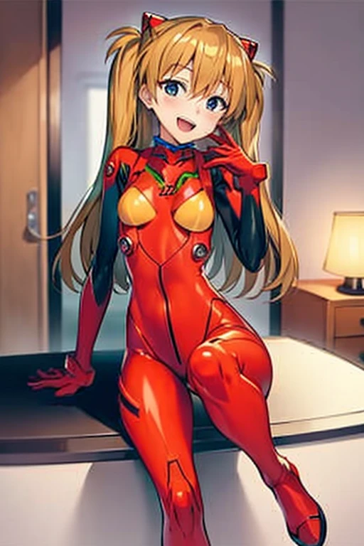 (( top quality )), ((masterpiece)), (be familiar with),  perfect face, indoor, bedroom,  is watching viewers,
One woman,  Soryu Asuka Langley,
 open mouth,  ecstatic expression beside the piano, blush, smile,
 small tits,  flat chested, Young girl, Lori,  s,  girl,
 long hair,  Twin Tails ,
Leg spread,