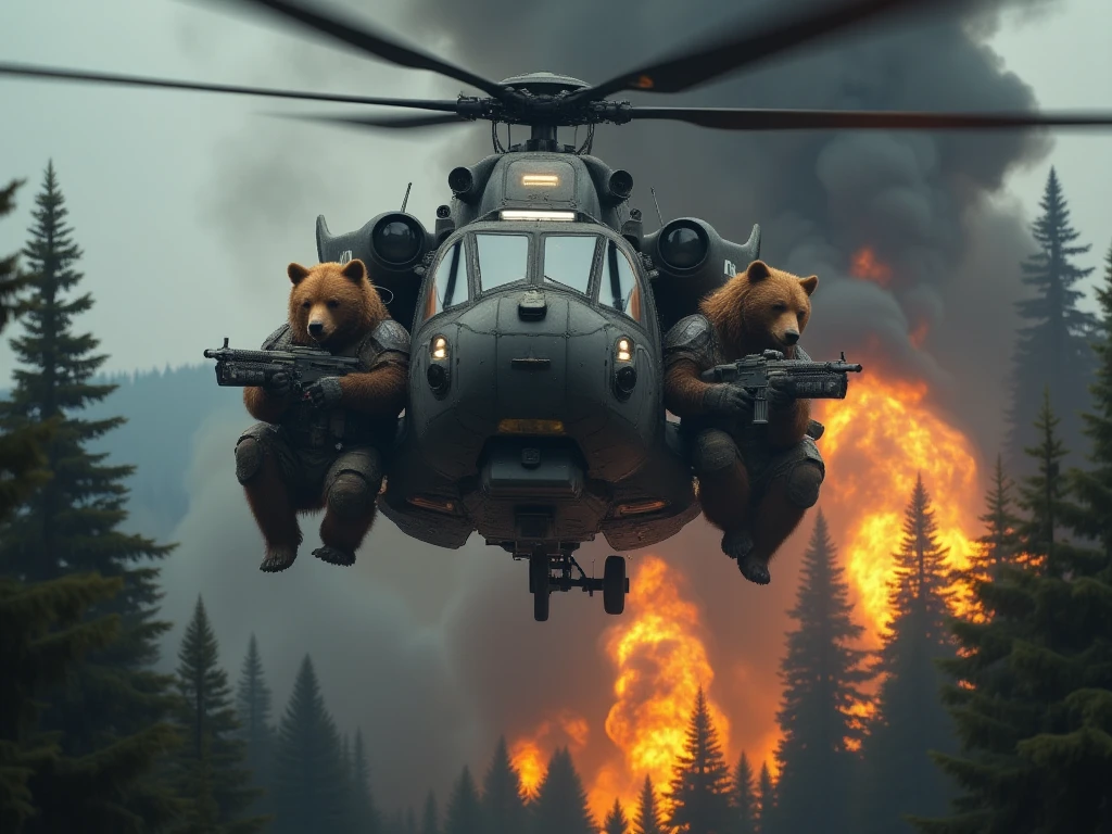 "A black futuristic military helicopter hovering mid-air just above the treetops, surrounded by thick smoke and fiery explosions in a war-torn forest. The helicopter's rotors spin rapidly, creating motion blur and dust around the scene. On either inside of the helicopter, two massive grizzly bears in advanced tactical military armor hold heavy machine guns, aiming aggressively. The bears' expressions are fierce and focused, their fur blowing slightly in the wind. Below, the forest canopy is partially visible, covered in shadows and smoke, while bright orange flames and dark clouds dominate the dramatic cinematic background. The height and perspective emphasize the helicopter hovering just above ground level in the chaos of battle."