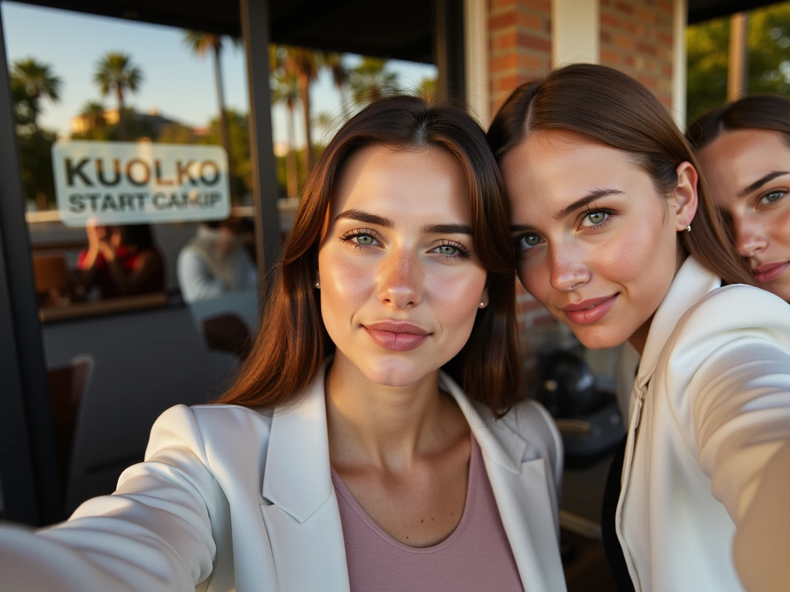 A 28-year-old female CEO and two female friends of different nationalities took a selfie from a first-person perspective at an outdoor coffee shop in Miami on an autumn afternoon. She is wearing high-end fashion brand business clothing (dark brown straight hair)