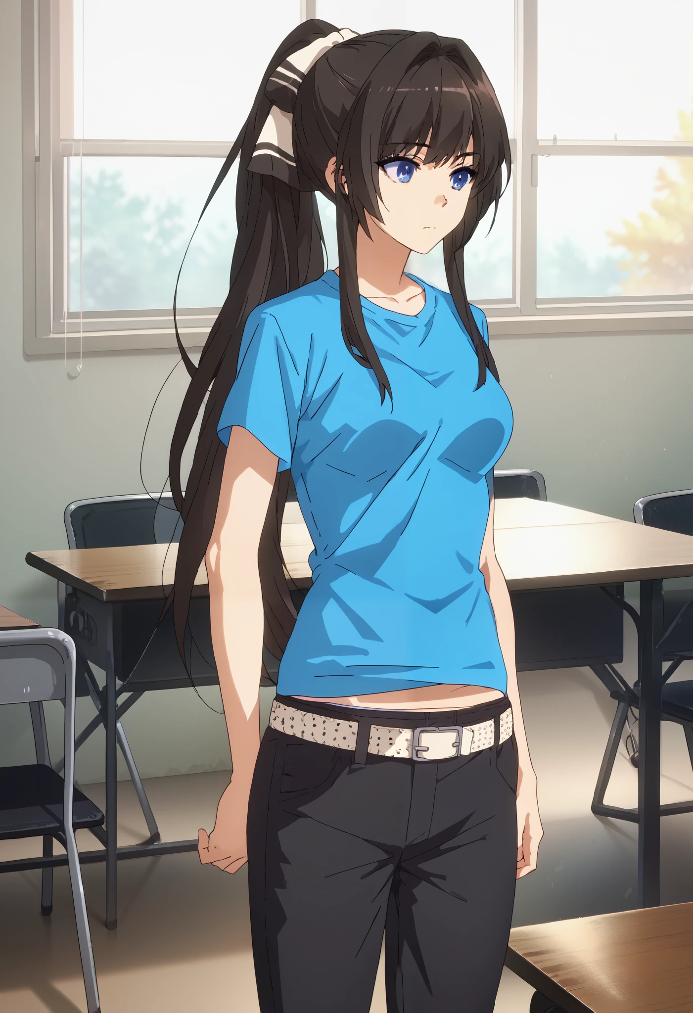 score_9, score_8_up, score_7_up, source_anime, uncensored,
1girl, solo, standing, classroom
,nicole, long hair, blue eyes, black hair, ponytail, medium breasts,
shirt, short sleeves, belt, pants, black pants, blue shirt, t-shirt