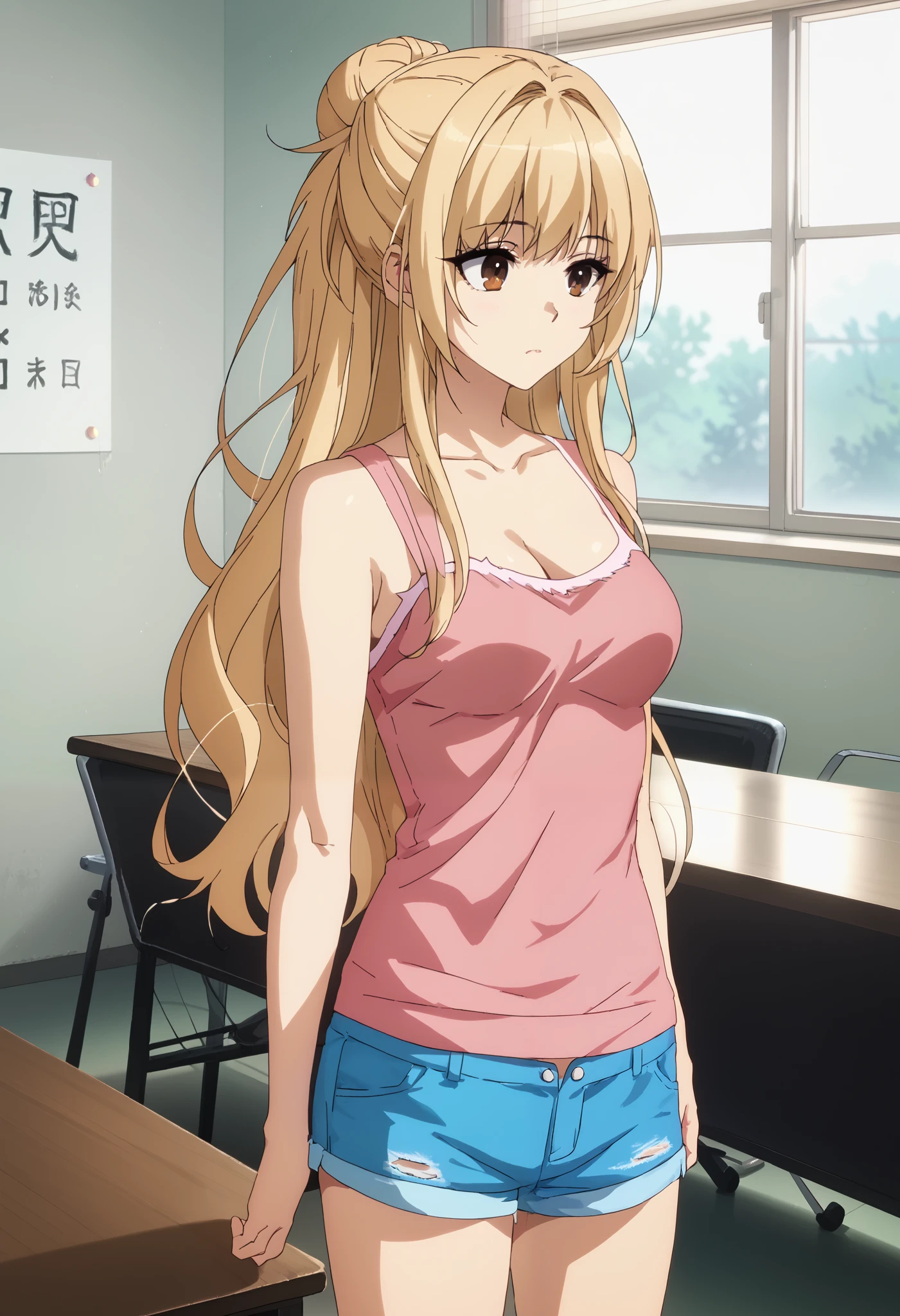 score_9, score_8_up, score_7_up, source_anime, uncensored,
1girl, solo, standing, classroom
,jecka, long hair, bangs, blonde hair, brown eyes, medium breasts, hair bun, single hair bun,
cleavage, bare shoulders, collarbone, shorts, short shorts, tank top, blue shorts, denim shorts, pink shirt