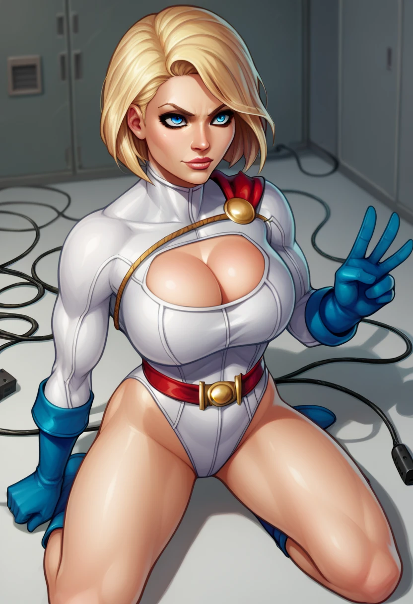  score_9, score_8_above, score_7_above BREAK powergirlSDXL,1 girl, short hair,Blue eyes,blonde hair, big breasts,gloves,cleavage,thighs, belt,cable,leotard,Lips, clothing cutout ,high leg,cleavage cutout,high leg leotard,Leotardo blanco,red cable,blue gloves,saboveerhero, cowboy shot , room, room background, kneeling ,V,