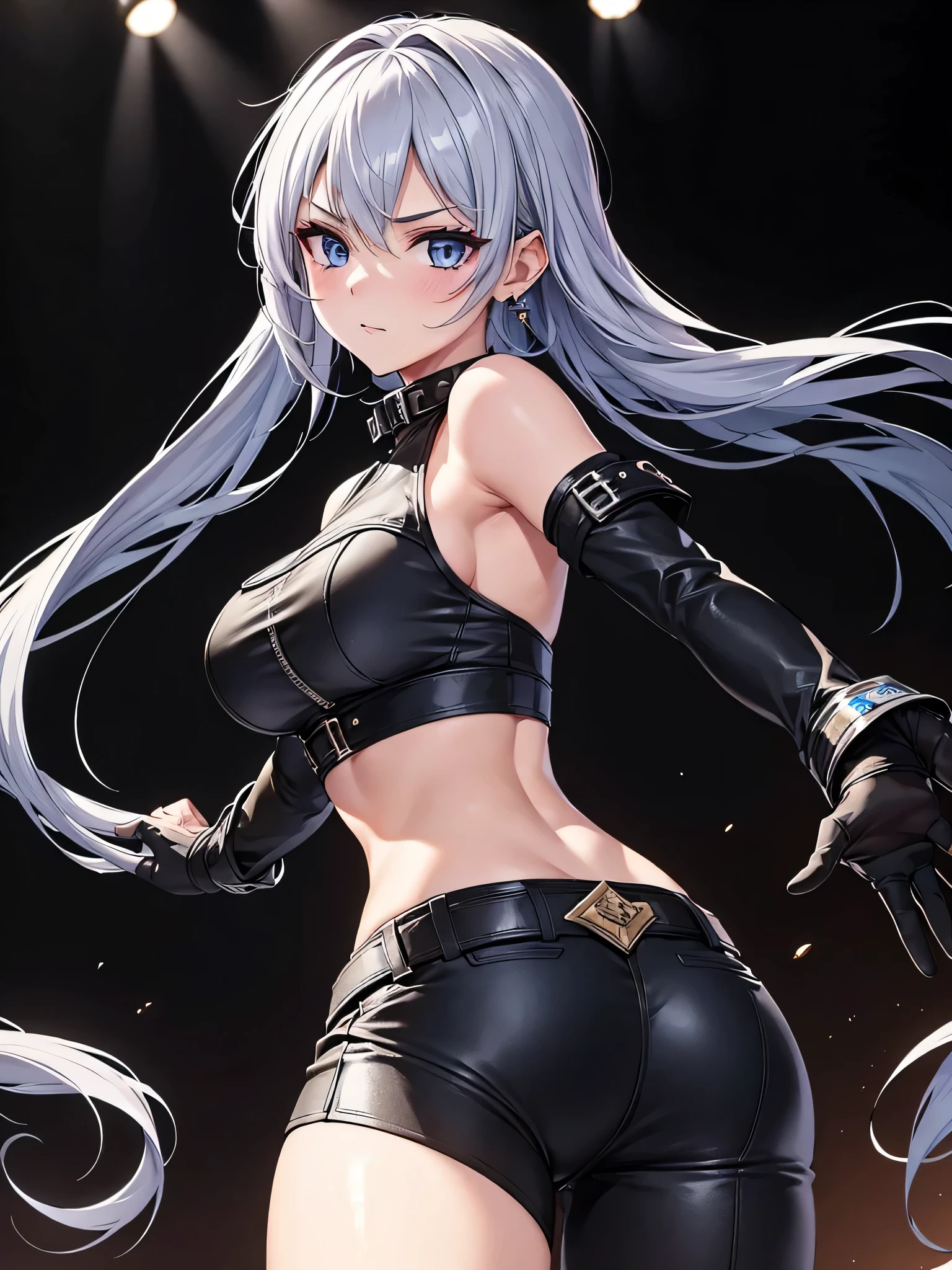 ((((Representative work 3.0、top-quality、Wearing a collar 3.0、Idol Costume 4.0、Live performances on stage、Split abs、de pele branca、Silver hair 3.0、dynamic pose1.5、large full breasts、Wearing sweat、ssmile、a blond、))))、(((Pose with emphasis on the chest)))、Long body、(((((、long legged))))),Whole human body、(((Shyness)))、Realistic skin type、an anime girl、Detailed Digital Anime Art、A seductive anime girl、extremely detailed art germ、a hyperrealistic schoolgirl、Ilyakukvshinov、Smooth Anime CG Art、Ultra Realistic Woman、ig model、ArtGerm、Photorealistic anime girl rendering、digital anime art